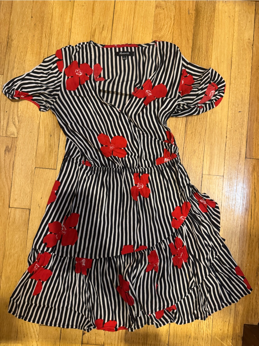 Madison Black & White Striped Dress with Red Floral Detail